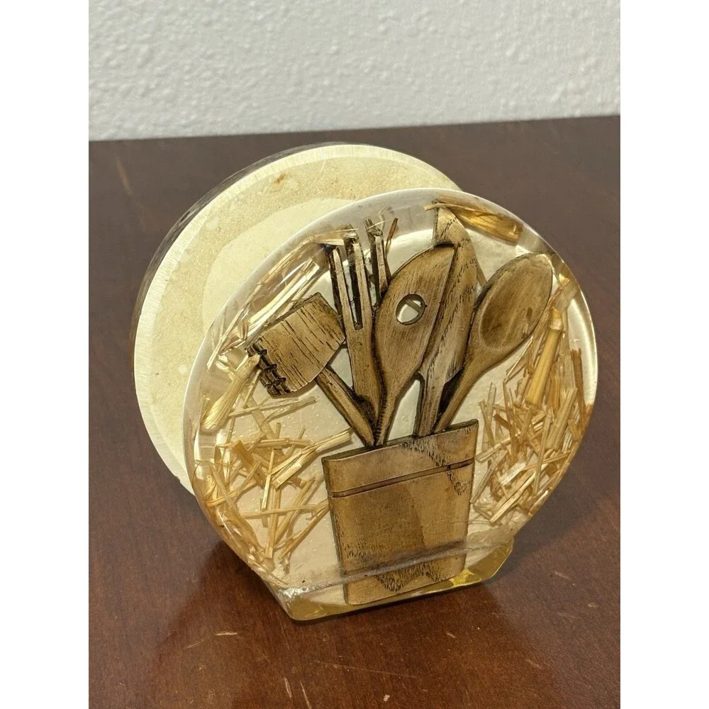 Vintage Napkin Holder Clear Lucite Wood Utensils Bucket Straw 1970’s Color